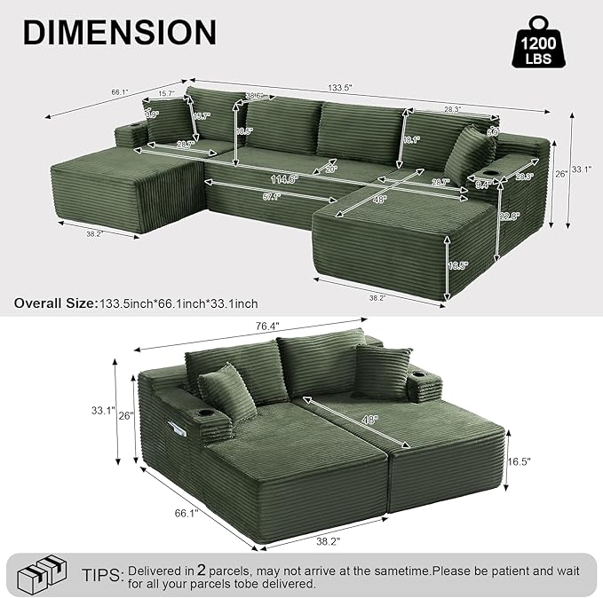 134 Inch U-Shaped Couch Modular Sectional Sofa Oversized Corduroy Boneless Couch with Cup Holder and Storage Pocket 4-Seater Upholstered Cloud Sofa for Living Room No Assembly Required Green