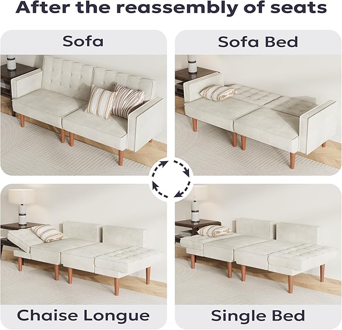 71 Velvet Futon Sofa Bed Versatile Loveseat Couch Sleeper Sofa with Adjustable Backrest Mid Century Modern Futon Couch for Small Space Living Room Office &amp Apartment Velvet Fabric Beige