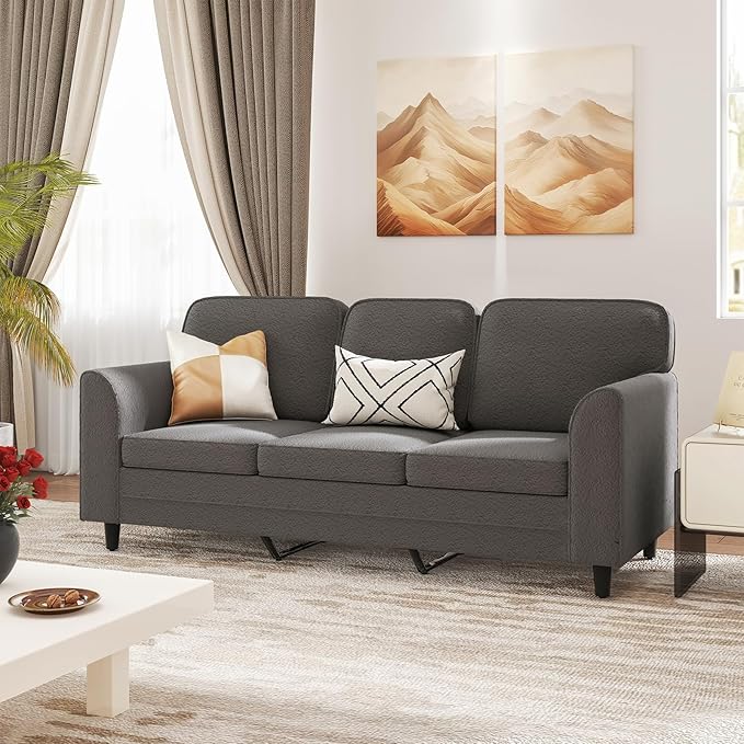 Giantex 3 Seater Couch - 79” Mid Century Modern Upholstered Sofa with Armrests Sturdy Legs Teddy Fleece Comfy Couches for Living Room Bedroom Small Space Apartment and Office (Gray)