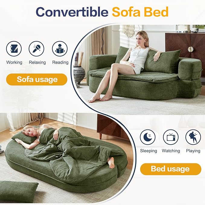 79 Sofa BedBoneless Boneless Couch Bed 3 in 1 Full Size Sleeper Sofa (Green)