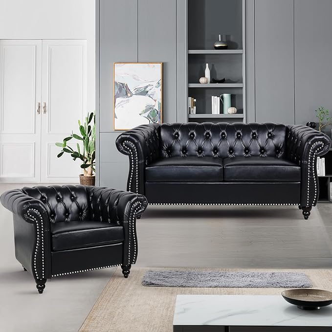 Chesterfield Accent Chair Leather Comfy Reading Club Chair Mid Century Modern Vanity Armrest 1 Seat Couch for Living Room Bedroom Office (PU Black)