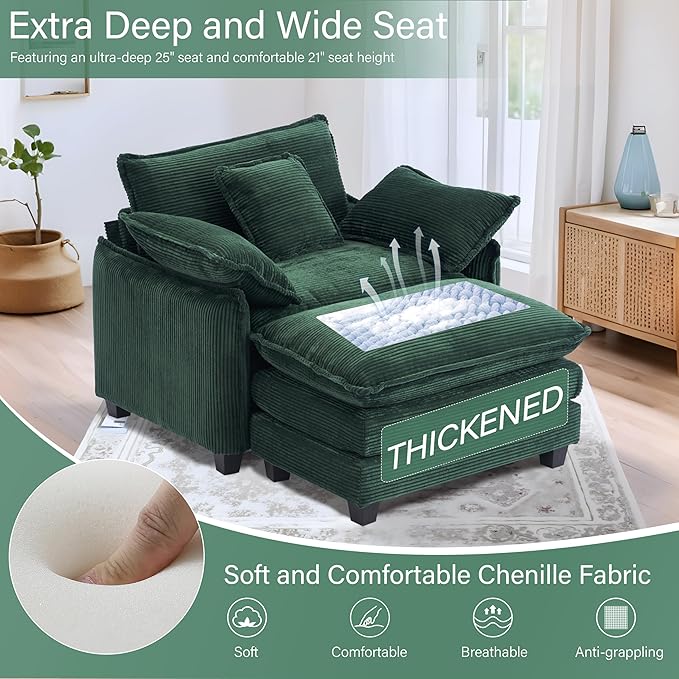 46 W Oversized Chair with Ottoman - Comfy Accent Chair and Ottoman Set Single Corduroy Large Armchair with Extra Thick and Deep Seat Modern Cloud Chaise Lounge for Living Room(Green)