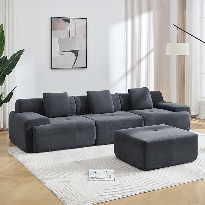 L-Shaped Boneless Modular Sectional Sofa 122 Modern Corduroy Upholstery Couches for Living Room Oversized 3-Seater Cloud Couch with Deep Seat and Movable Ottoman No Assembly Dark Grey