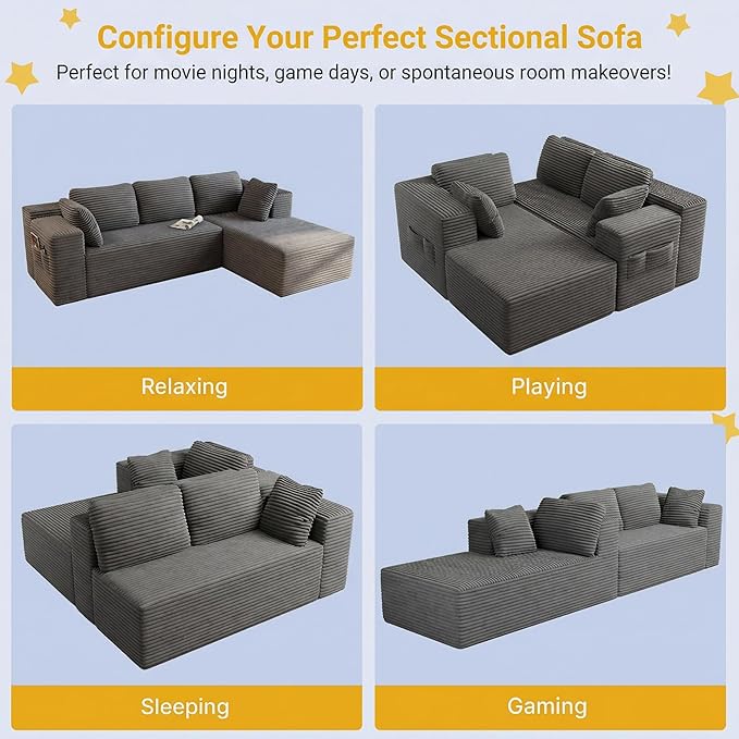 L Shaped Cloud Sectional Couch for Living Room 105 Modern Corduroy Modular Frameless Floor Sofa with Chaise Memory Foam Deep Seat &amp Non-Slip Base No Assembly Required (Grey)