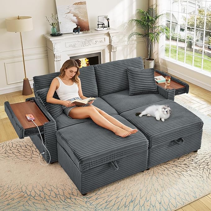 Chaise Lounge Chair Indoor 68 W Corduroy Loveseat Sectional Couch with Sorage Ottoman/Wing Table/Charge Ports/Cup Holder Modern Comfy Deep Seat Reading L-Shape Sofa for Living Room Dark Gray
