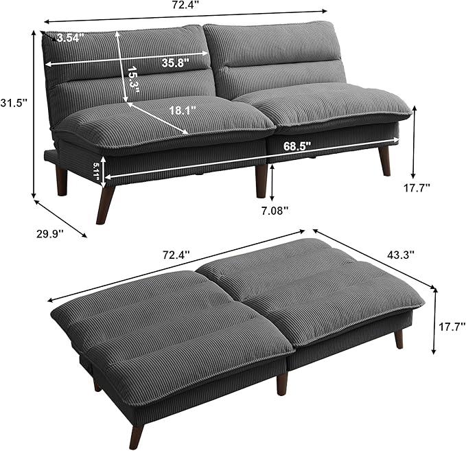 Convertible Futon Sofa Bed 72 Loveseat Couch with 3-Level Adjustble Backrest Modern Futon Loveseat Sofa for Living Room Apartment Dark Grey