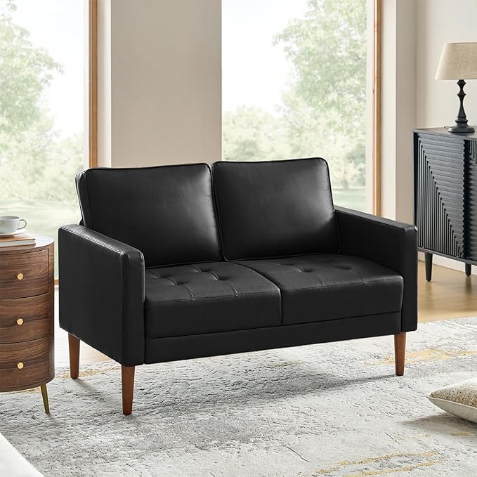 HULALA HOME Mid-Century Modern Faux Leather Loveseat Sofa with Movable Backrest Cushions Button-Tufted 2-Seater Sofa with Wooden Legs Small Love Seat Accent Couch for Living Bedroom Black