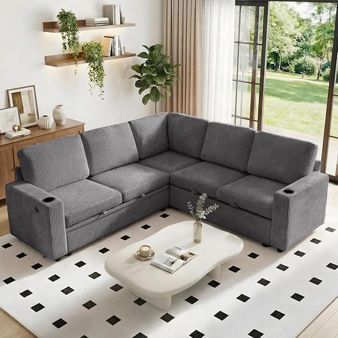 Sectional Sleeper Sofa with Pull Out Bed Plush Corduroy L Shaped Corner Couch with Storage USB Ports Cup Holders Comfy Sectional Couches for Living Room Grey | Modular Couch for Apartment Tool