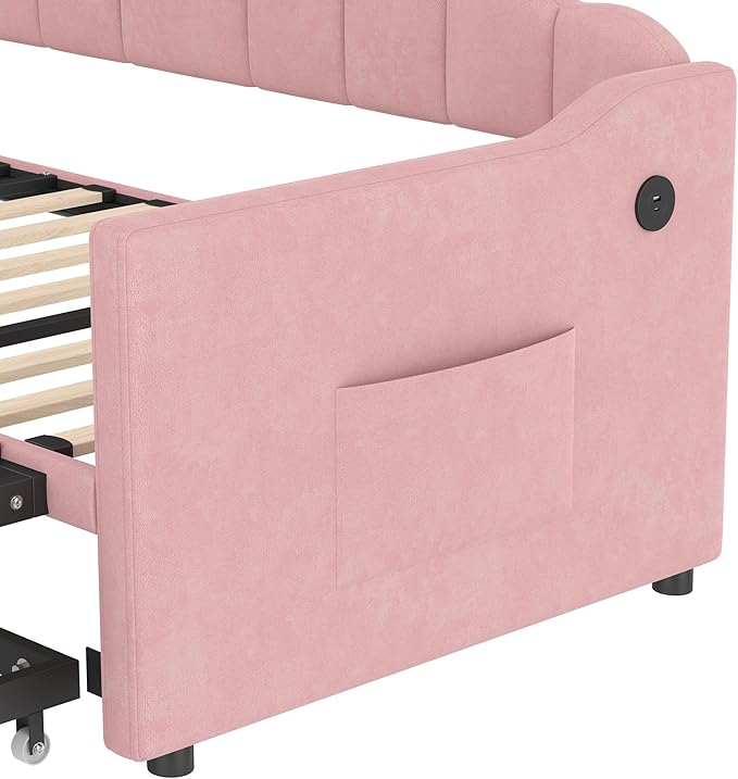 Bellemave Upholstered Twin Daybed with Pop Up Trundle USB &amp Type-C Charging Ports 2 Side Pockets No Box Spring Needed Velvet Modern Day Bed Frame (Pink)