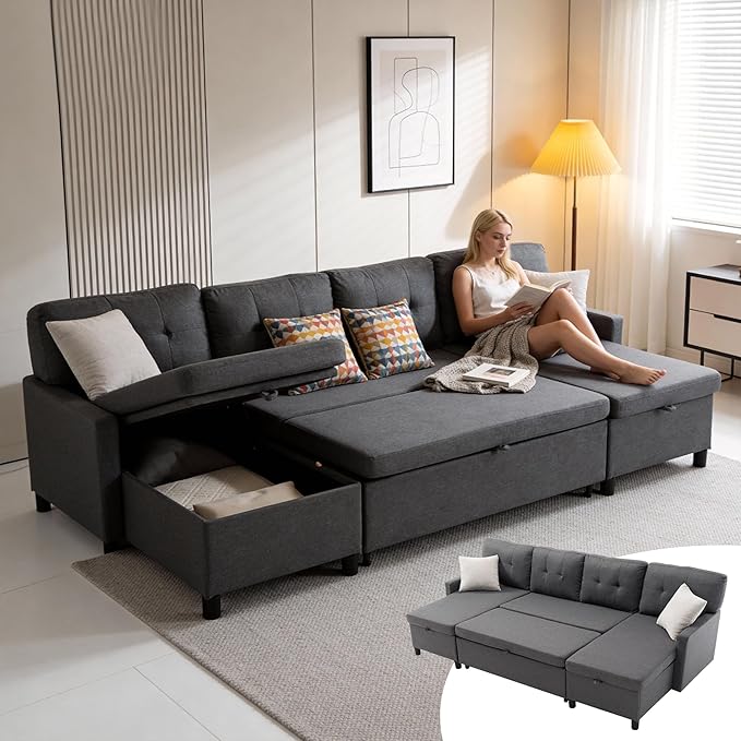 Sleeper Sofa Couch Oversized Pull Out Couch Bed with Storage Chaise Sectional Sleeper Sofa Bed for Living Room (Gray Double)