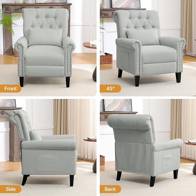Pushback Recliner Chair Accent Push Back Chair Set of 2 with Adjustable Footrest Upholstered Linen Reclining Sofa with Side Pocket Comfy Modern Armchair for Living Room Light Grey