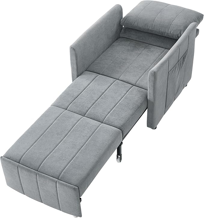 Pull Out Sofa Bed for Living Room 31.5 Upholstered Convertible Sleeper Sofa 3-in-1 Convertible Sleeper Chair with 5-Position Adjustable Backrest Side Pockets and a Storage Basket (Grey/352)