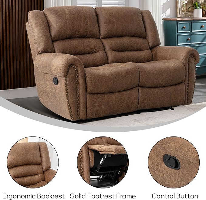 EBELLO Faux Leather Manual Loveseat Recliner 2 Seat Reclining Sofa Chair with Soft Padded Seat Backrest Couch Sofa Set for Living Room Bedroom Furniture Meeting Room Brown (Loveseat)
