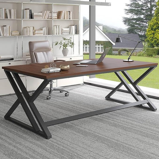 LVB Walnut Large Office Desk Modern Long Wood Metal Computer Desk Industrial Rustic Double Workstation Desk for Two People Vintage PC Executive Work Study Writing Computer Table for Home 78.7 in