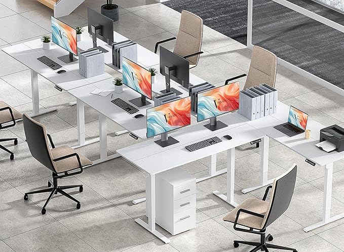 55 x 24 Inch Electric Standing Desk with 4 Wheels Height Adjustable Desk for Home Office Sit Stand Desk with 4 Memory Presets Headphone Hooks and Cable Clips Splice Board White