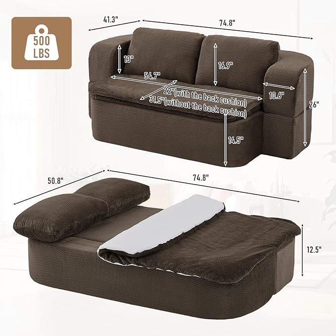 Convertible Folding Sofa Bed 75 Futon Floor Couch Modular Sleeper Loveseat Sectional Couches Boneless Cloud Plush Fluffy Fabric for Living Room Guest Room No Assembly Required Brown