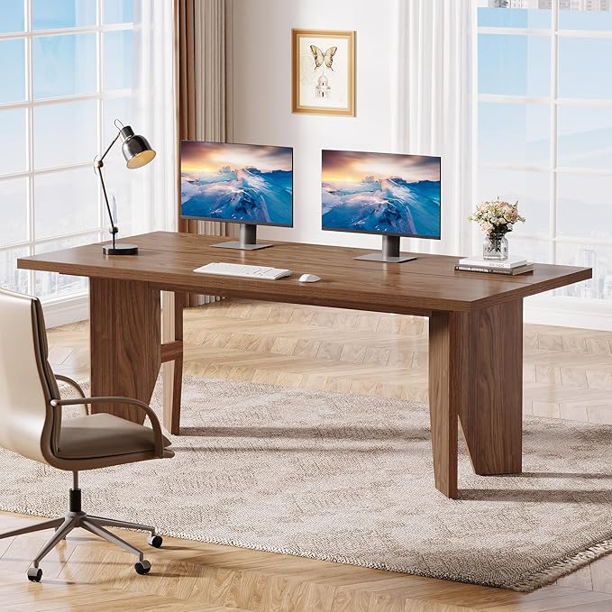Tribesigns 63-Inch Executive Desk Mid-Century Modern Office Desk with Sturdy Legs Large Wooden Computer Desk Business Workstation for Home Office Brown