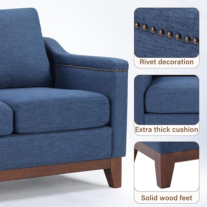 Modern 3 Piece Sofa Set with Rivets Included Chenille Accent Chair Upholstered 3-Seater Couches with Solid Wood Legs and Storage Ottoman Living Room Furniture SetBlue