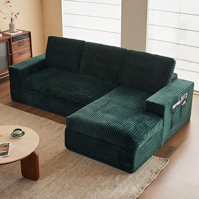 115 Modular Sectional Couch with Chaise Cloud Couch Deep Seat Fluffy Corduroy Sofa Memory Foam Boneless Couches for Living Room Bedroom No Assembly Required (Green 115 Right Chaise)