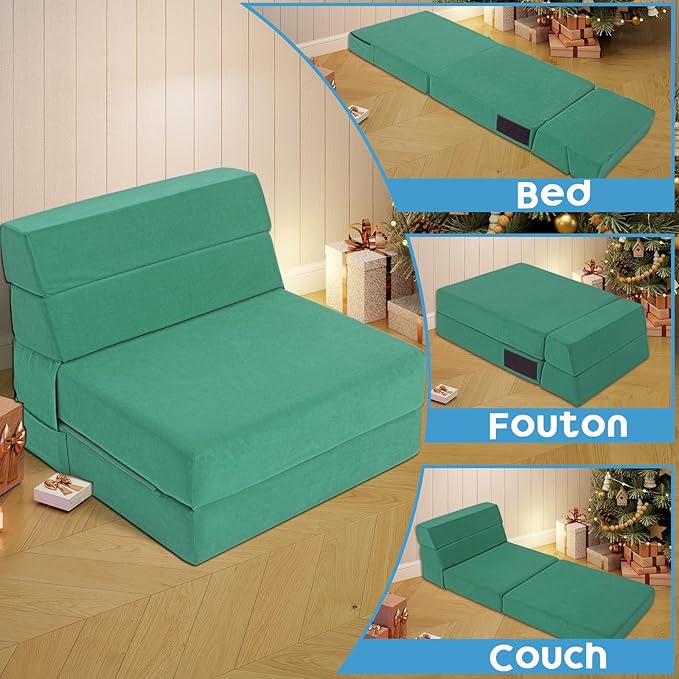 Folding Sofa Bed 4 in 1 Convertible Sleeper Chair with Washable Cover Memory Foam Fold Out Chair Bed Foldable Mattress with Back Support for Living Room Dorm Guest Room Home Office Green | Fold