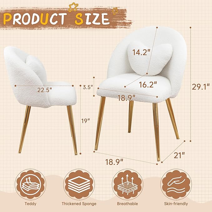 Vanity ChairAccent Makeup Comfy Cute Desk Girls Fluffy Chairs for Bedroom No Wheels Gold Metal Legs Stool (Teddy Beige)