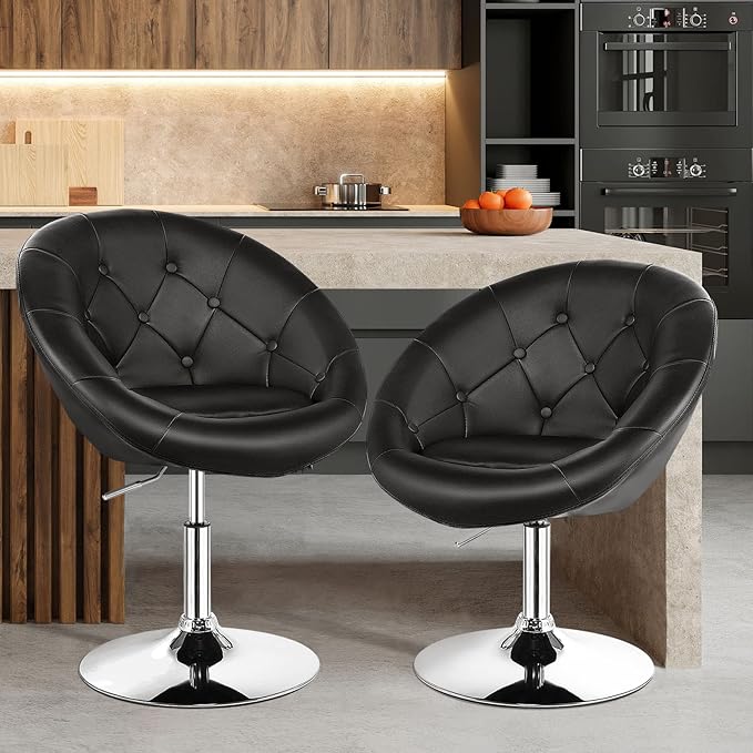 KOTEK Swivel Vanity Chair Height Adjustable Swivel Accent Chair w/Chrome Frame Modern Round Tufted Makeup Chair for Living Room Bedroom Lounge (1 Black)