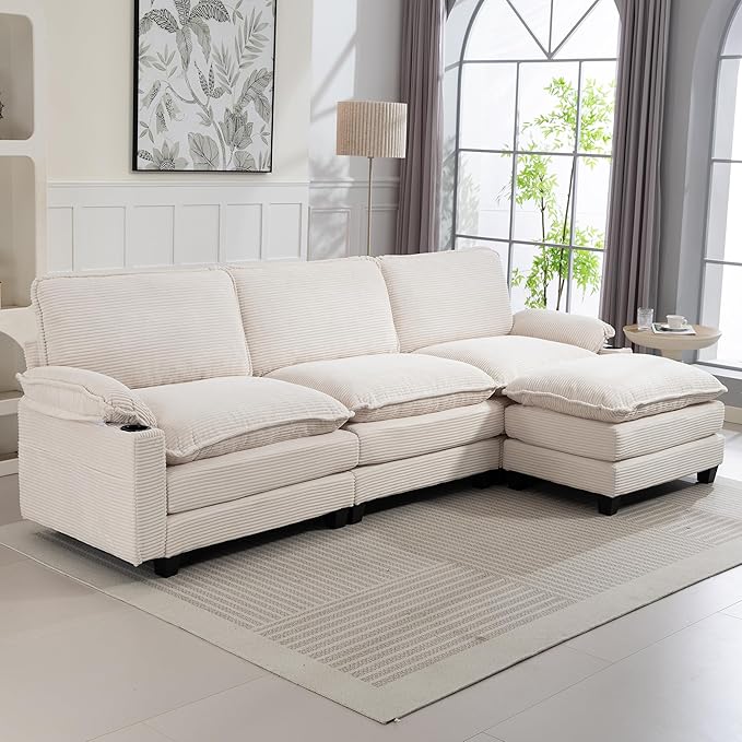 113 Modular Sectional Sofa L Shaped Cloud Couch with Movable Ottoman Comfy Corduroy Deep Seat Sofa with Cup Holders Storage Bags Couches for Living Room