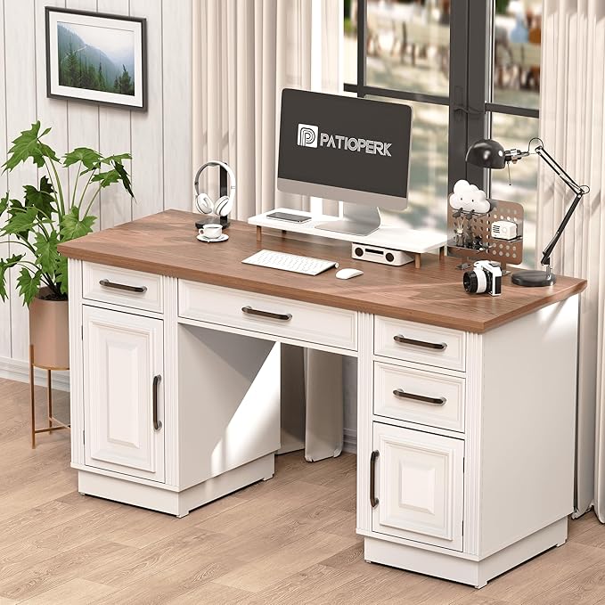 58 Farmhouse Executive Desk Wood Home Office Desk with Drawers Computer Desk with Drawers and Storage Cabinet Workstation for Office Home Ivory White