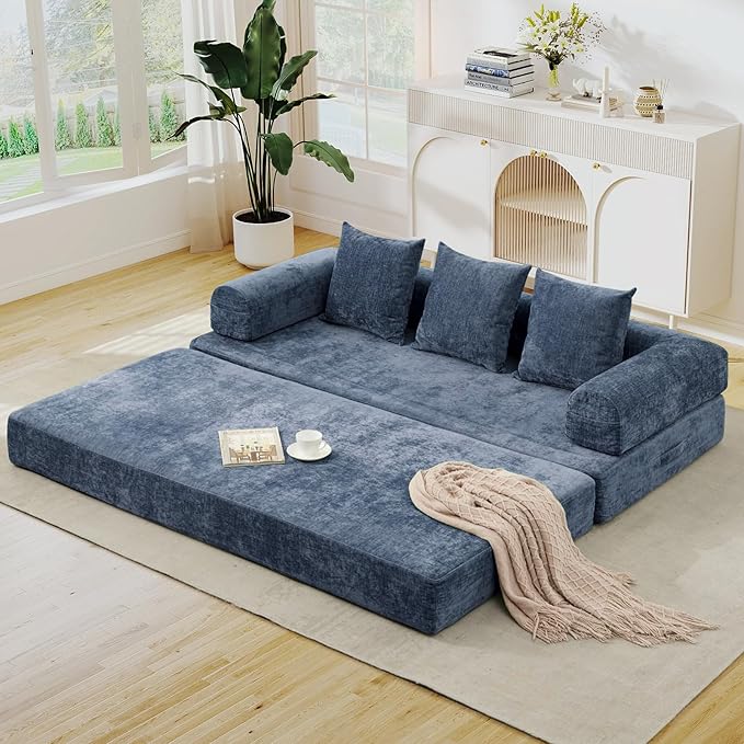 3 in 1 Convertible Futon Sofa Bed Modern King Size Chenille Loveseat Sleeper Sofa Folding 3-Seater Foldable Lounger Couch Bed for Living Room Bedroom Guest Room (Blue 3 Throw Pillows)