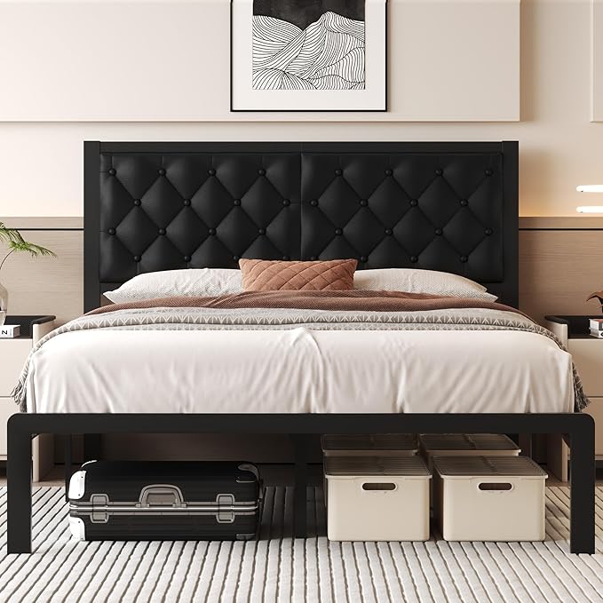 Queen Bed Frame with Headboard PU Leather Upholstered Bed Frame PlatformAll Metal Slats Support Platform Bed Frame with Storage SpaceEasy AssemblyNoise FreeNo Box Spring NeededBlack