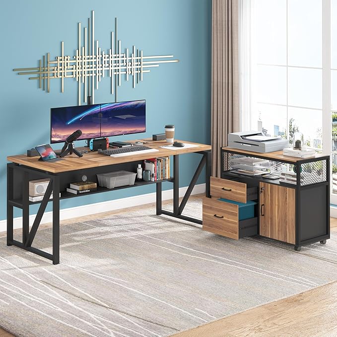 Tribesigns 63 Executive with Drawer Cabinet L Shaped Desk and Lock lateral File Cabinet 2 Piece Home Office Furniture Set with Drawers for Hanging File (Brown 63 inches)