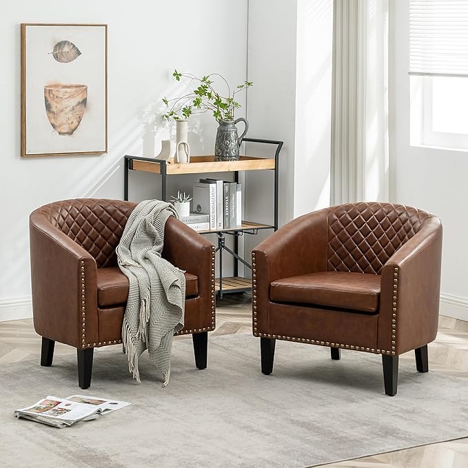 KINWELL 29 W Faux Leather Barrel Chairs Set of 2 Modern PU Upholstered Tufted Club Chairs with Nailhead Trim Small Armchairs Accent Chairs for Living Room Bedroom Apartment Lounge Nursery Brown