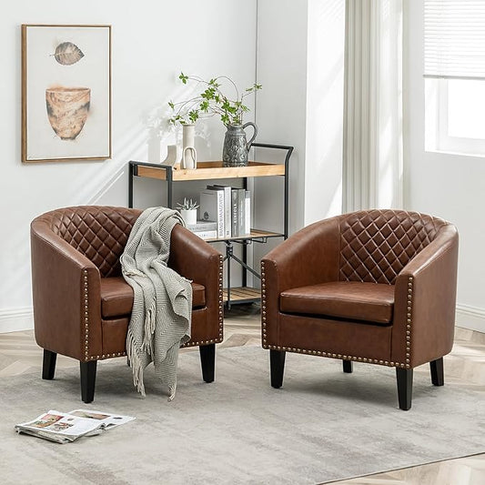 KINWELL 29 W Faux Leather Barrel Chairs Set of 2 Modern PU Upholstered Tufted Club Chairs with Nailhead Trim Small Armchairs Accent Chairs for Living Room Bedroom Apartment Lounge Nursery Brown