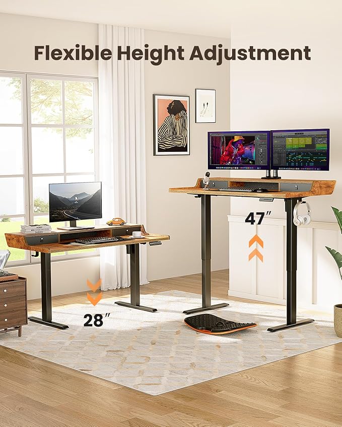 ErGear Electric Standing Desk with Drawers 48″ x 24″ Gaming Table Compatible Monitor Stand Stand up Desks Home Office Height-Adjustable Desk with Storage Shelf 4 Preset Heights Vintage Brown
