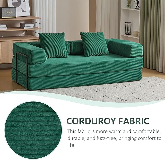 Convertible Sleeper Sofa Bed Compression Folding Sofa with Pillow No Assembly Required Shape Frame Floor Sofas Lounge Couch for Living Room Bedroom Small Spaces(Corduroy 77''W Dark Green)