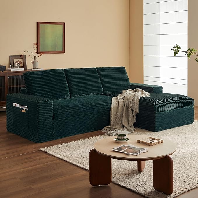 115 Modular Sectional Couch with Chaise Cloud Couch Deep Seat Fluffy Corduroy Sofa Memory Foam Boneless Couches for Living Room Bedroom No Assembly Required (Green 115 Right Chaise)