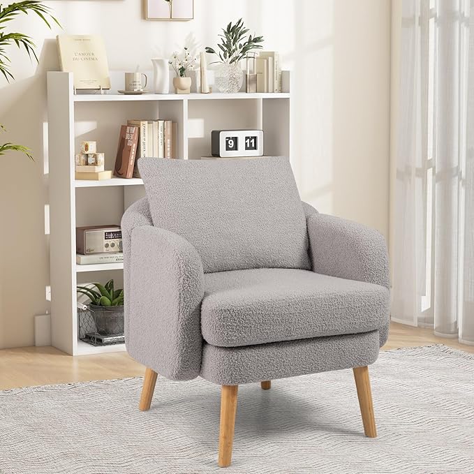 Giantex Sherpa Accent Chair Modern Upholstered Single Sofa Chair with Back Pillow &amp Solid Rubber Wood Legs Teddy Barrel Arm Chair for Reading Living Room Bedroom Office Grey