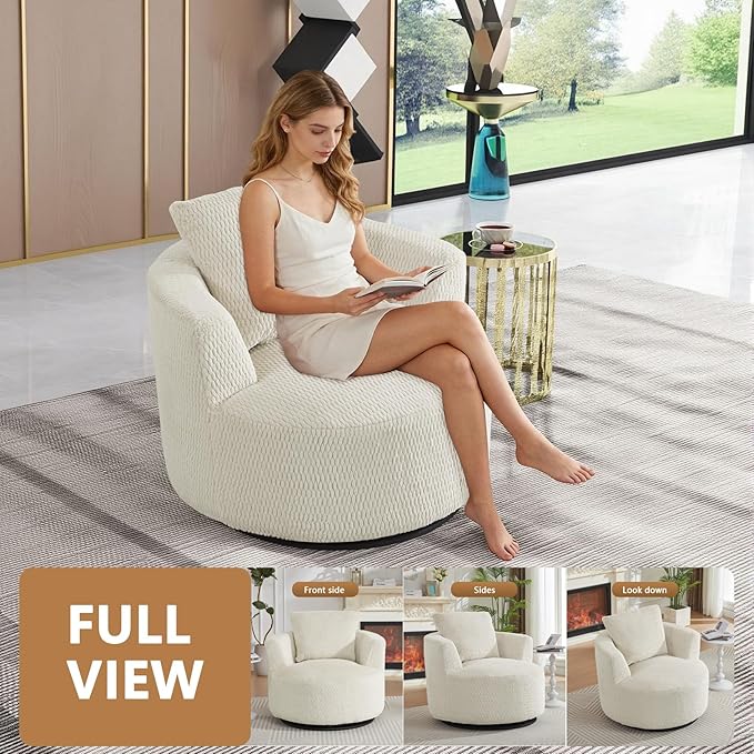 mikibama Swivel Accent Chair 360° Round Swivel Barrel Chair with Pillows Upholstered Corduroy Armchair Sofa Chair for Living Room Bedroom Reading Room Cream