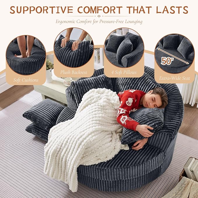 360 Degree Oversized Swivel Chair 50 Round Lounge Chair Modern Accent Circle Chair W/ 5 Pillows Upholstered Corduroy Sofa Chair for Living Room Bedroom Apartment Grey
