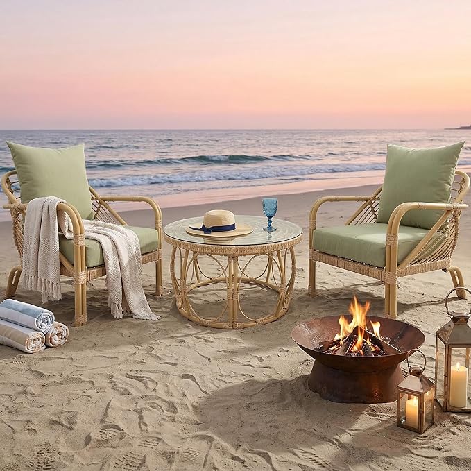 Living Room Chairs Aluminum Accent Chairs Set of 2 Comfortable Arm Chair with Glass Coffee Table Comfy Armchair for Bedroom Rattan Braid Armchairs Accent Chair for Indoor/Outdoor Green