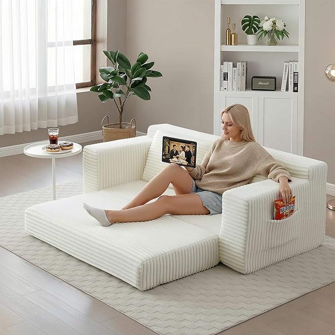 73 Convertible Sleeper Sofa Comfy Corduroy Foldable Sofa Bed with 2 Pillows Floor Sofa Lounge Couch in Box for Living Room Bedroom Lounge Studio No AssemblyBeige