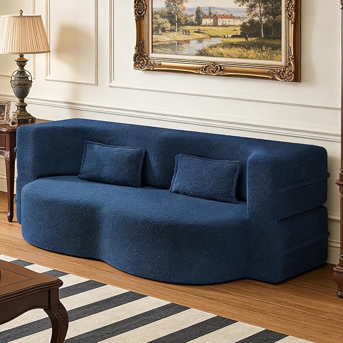 2 in 1 Convertible Compressed Sofa Bed 54'' Modern Boneless Loveseat Sleeper in a Box Floor Mattress Futon Couch No Assembly Needed Space Saving Blue 2 Pillows Full for Small Living Room