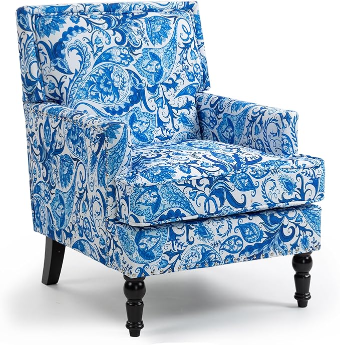 Accent Chair Modern Comfy Mid-Century Anthropologie Accent Chairs Linen Upholstered Wingback Lounge Arm Chair with Solid WoodSingle Floral Pattern Chair for Living Room/Balcony/Bedroom
