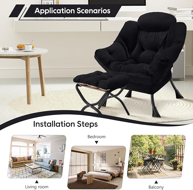 Lazy Chair with Folding Ottoman Modern Large Accent ChairContemporary Lounge Leisure Sofa Chair with Armrests Upholstered Sofa Armchair Reading Chair for BedroomDorm &amp Office(Black-f)