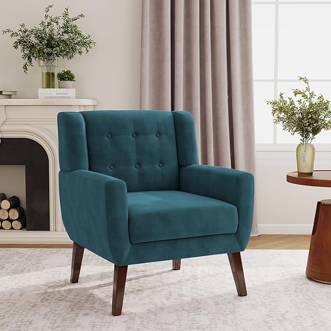 Lumibee Accent Chair Modern Velevet Armchair for Living Room Comfy Upholstered Arm Chair Tufted for Indoor Bedroom Office Room (Blue Velvet)