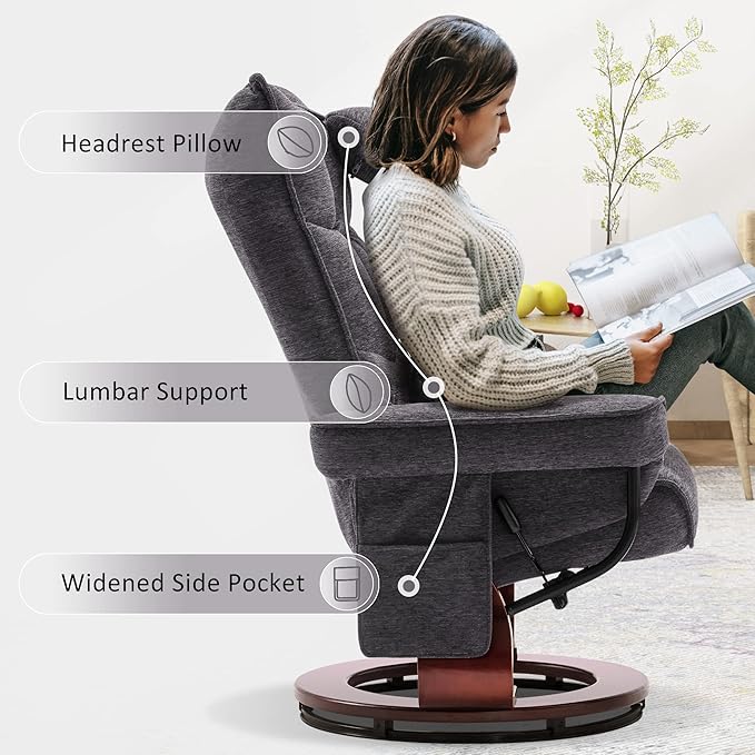 MCombo Swivel Recliner with Ottoman TV Chair Sets with Vibration Massage Ideal for Small Space Living Room &amp Bedroom 4188 (Grey)