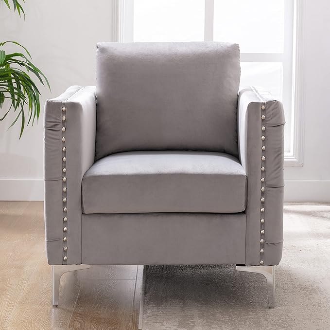 Modern Velvet Armchair Tufted Button Accent Chair Club Chair with Steel Legs for Living Room BedroomGrey