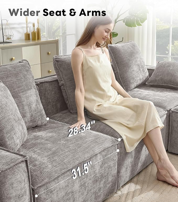 WILLOVE 109'' Modular Sectional Sofa Chenille Cloud Couch with Wide Armrests &amp 5 Pillows Deep Seat Couches for Living Room Grey