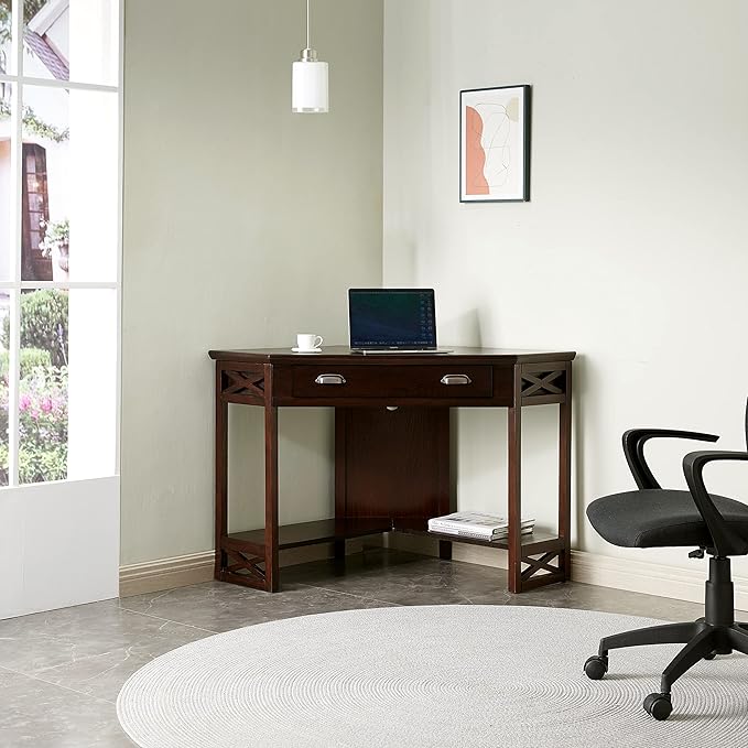 Leick Home 81430 Corner Computer/Writing Desk with Drawer and Shelf Chocolate Oak