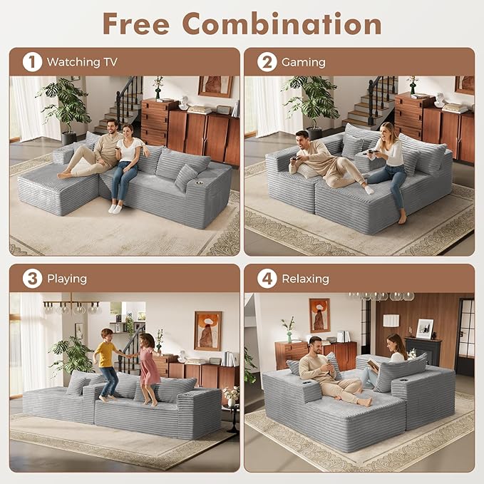 ELUCHANG Oversized 108” Boneless Couch Comfy Cloud Modular Sectional Sofa L-Shape Sofa with Chaise Memory Foam Upholstered Couch for Living Room Bedroom No Assembly Required Corduroy Grey